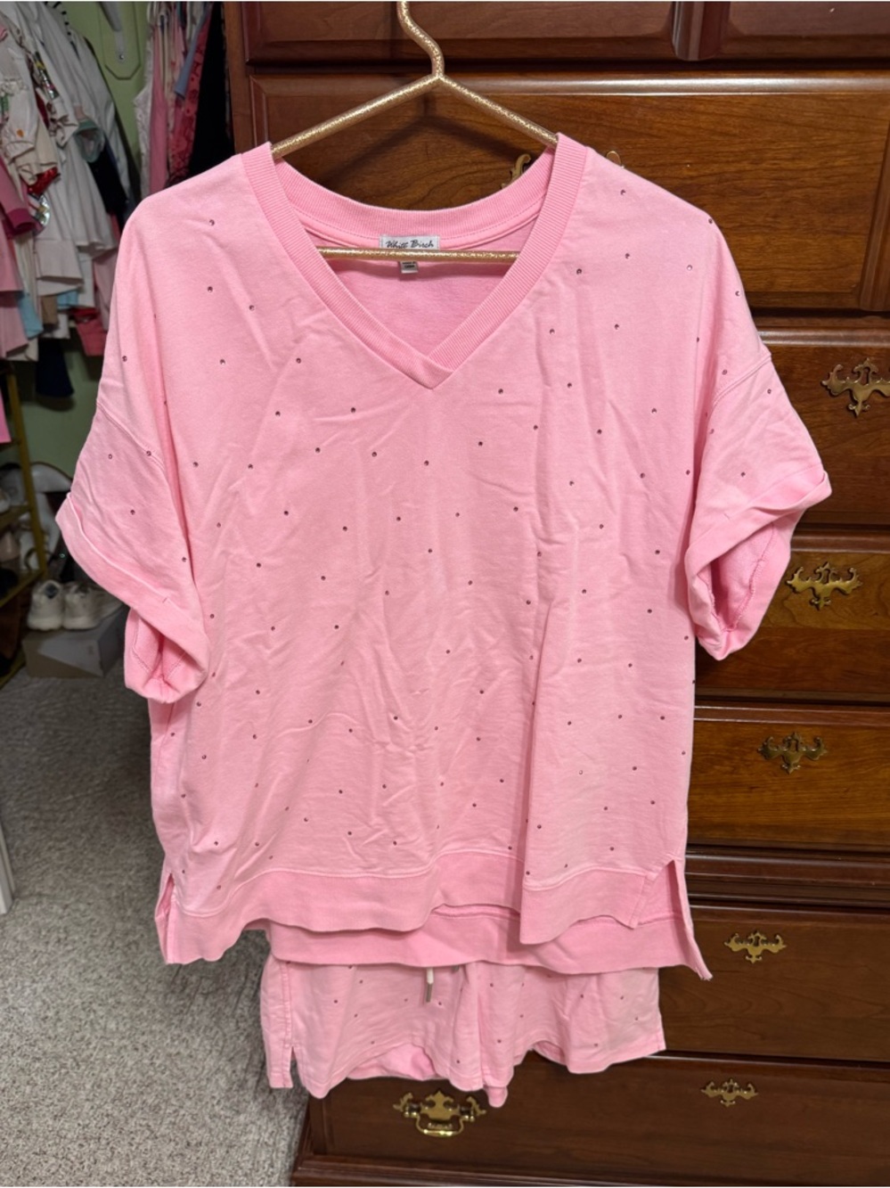 EUC Pink V-Neck Lounge Top with Rhinestone Detail